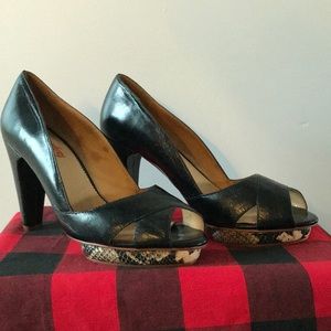 Farylrobin black peep-toe w/ snakeskin platform